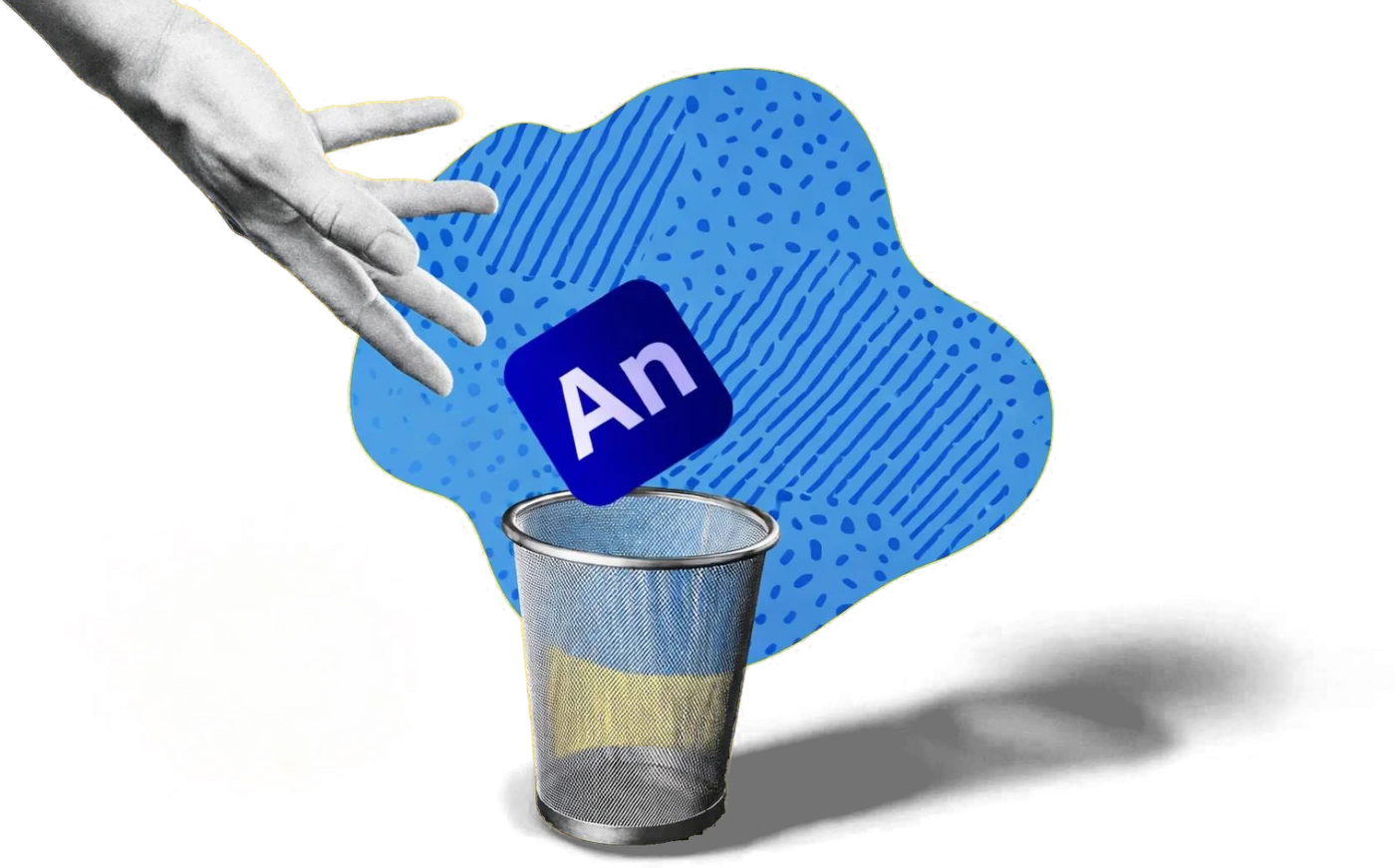 Hand dropping the Adobe Animate icon into a wastebasket