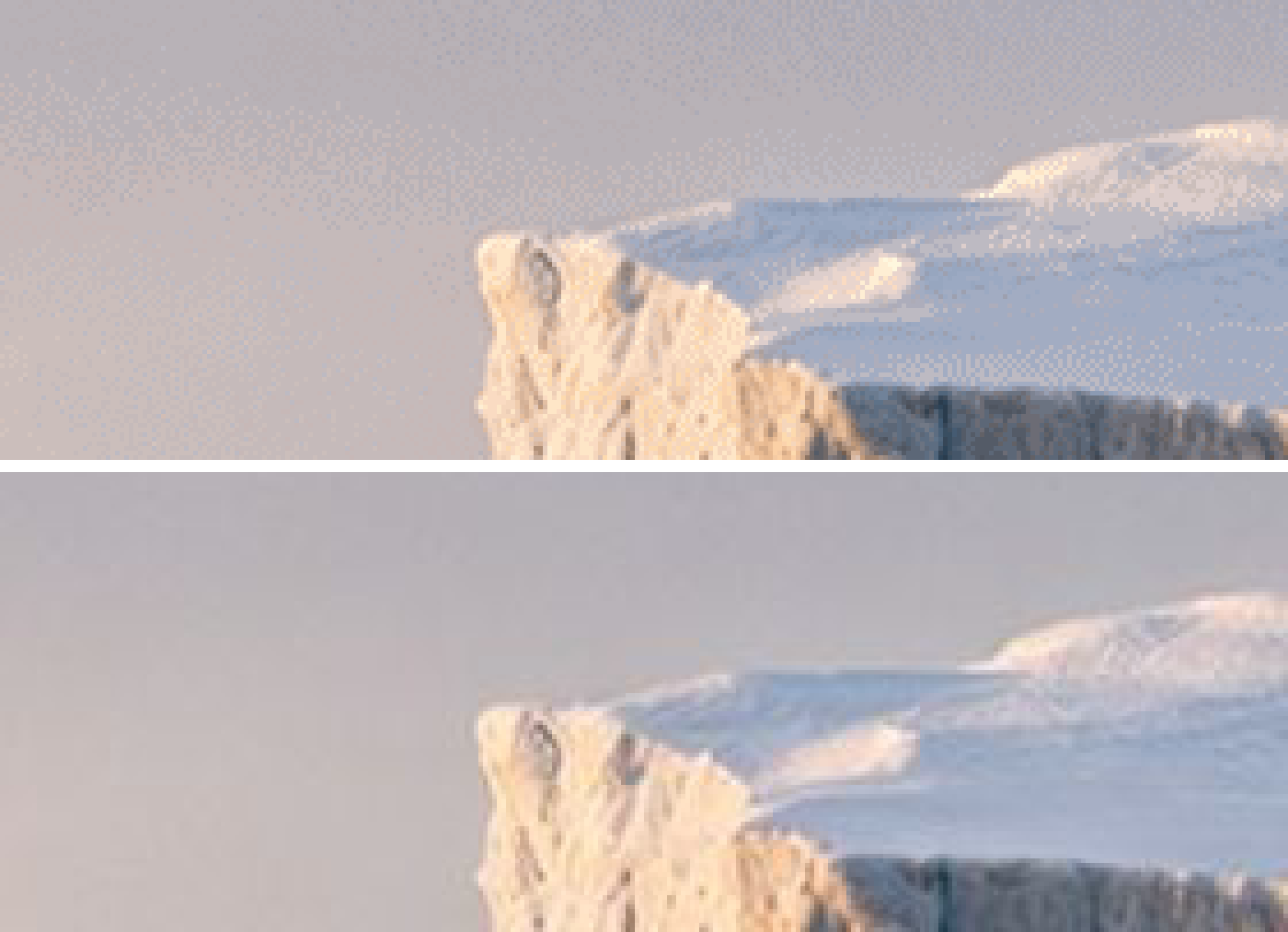 The same enlarged detail of sky and iceberg twice: on top, Adobe Animate's 8-bit PNG sprite sheet with speckled dither noise; below, a quality-80 JPEG of the source photo with a smooth sky