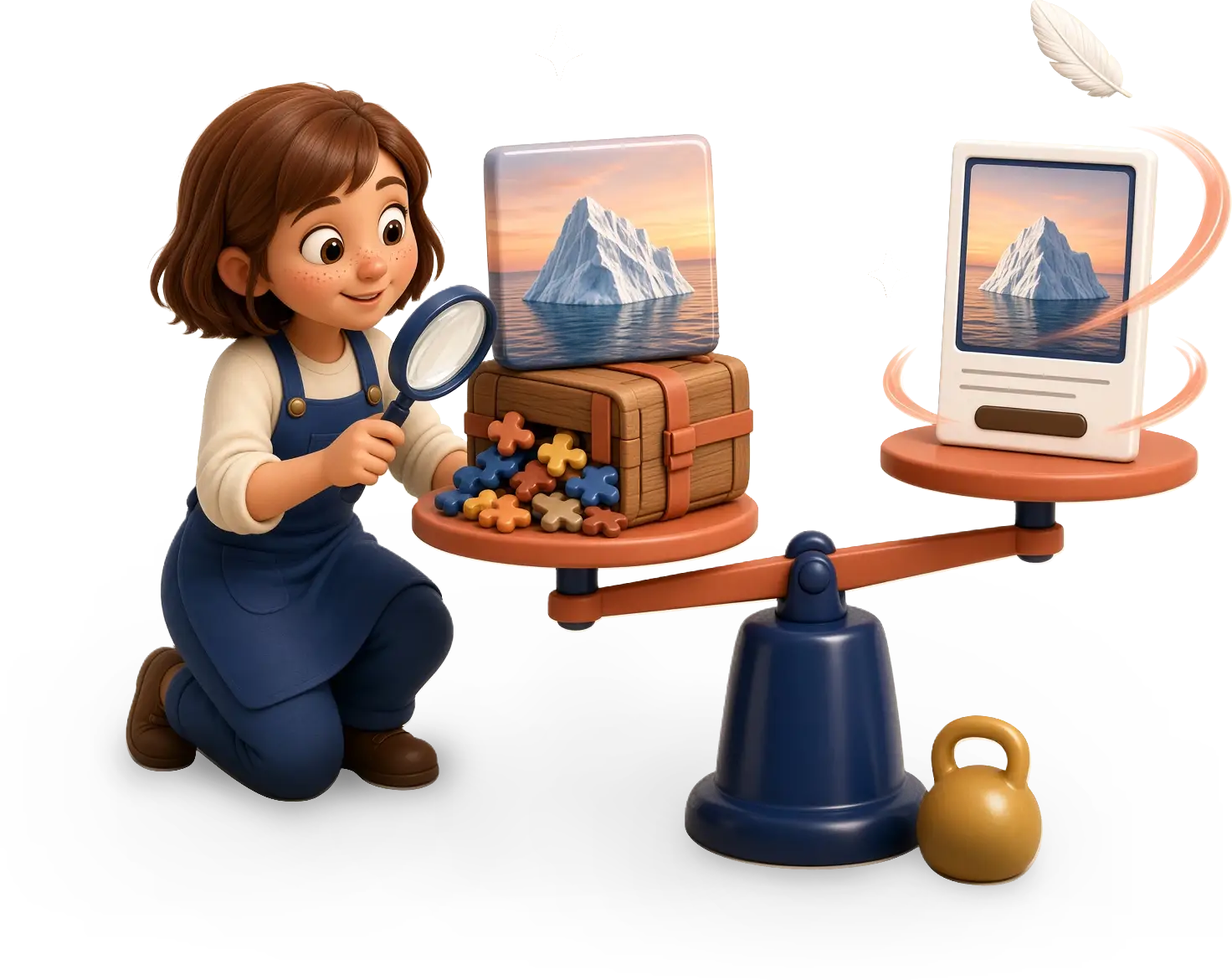A banner producer with a magnifying glass inspects a modern balance scale: a crate and a thick iceberg photo slab weigh one side down, while a slim banner with the same photo rises on the other
