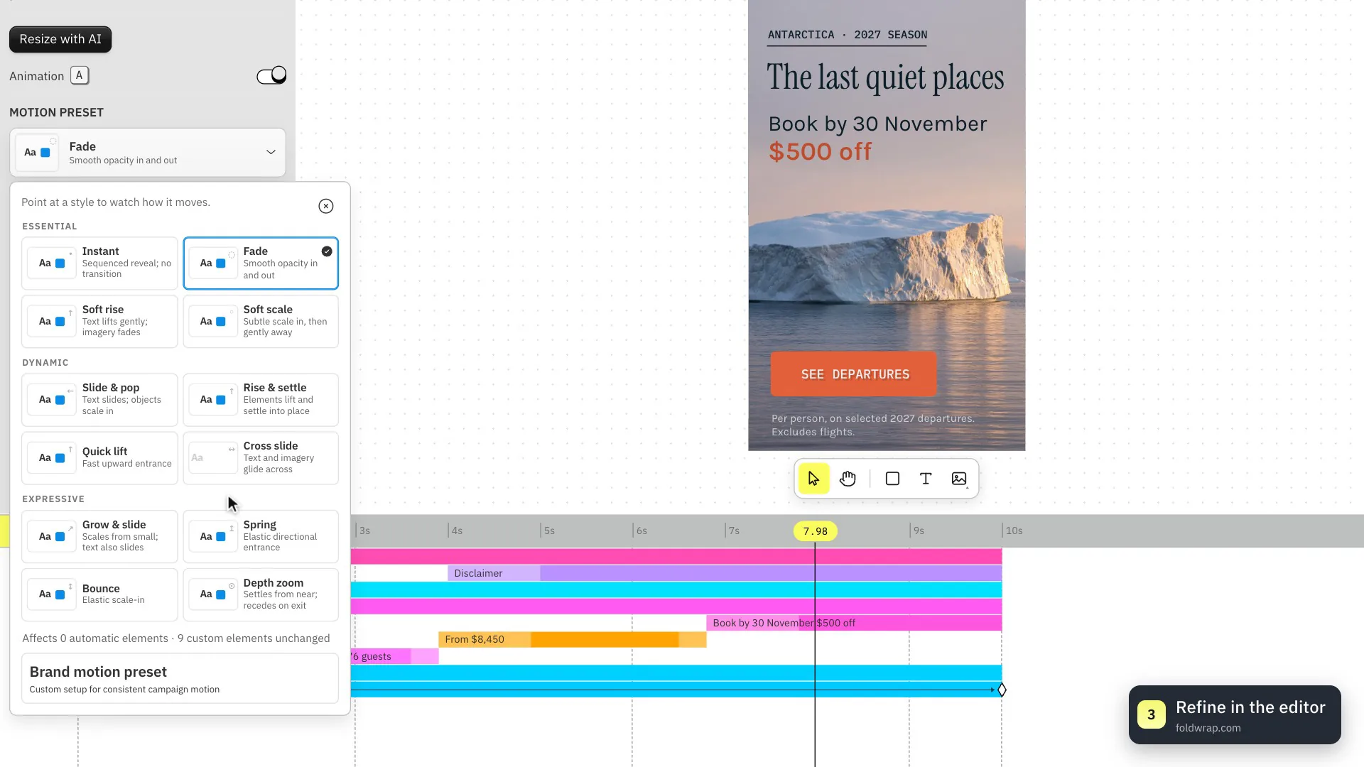 Motion preset menu: Instant, Fade, Soft rise, Slide and pop, Spring, Bounce and more