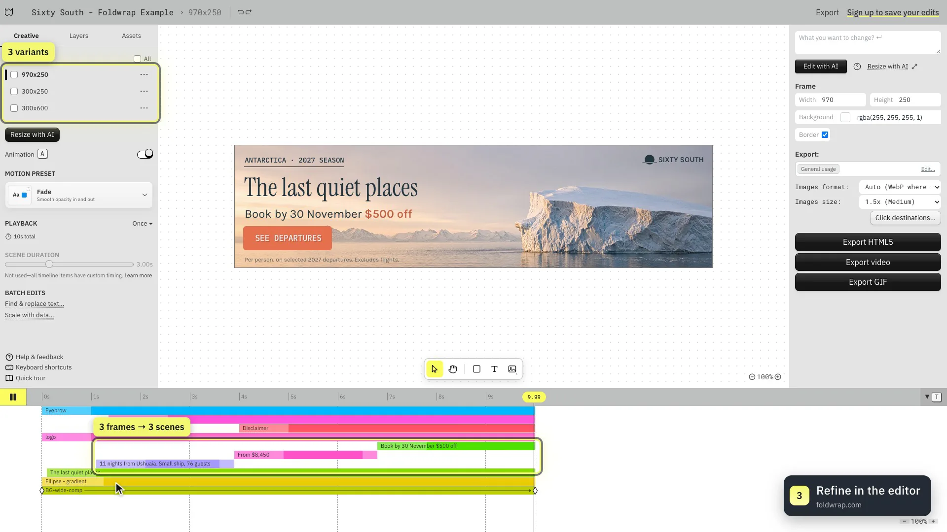 Foldwrap editor with three variants and the three imported frames shown as scenes on the timeline