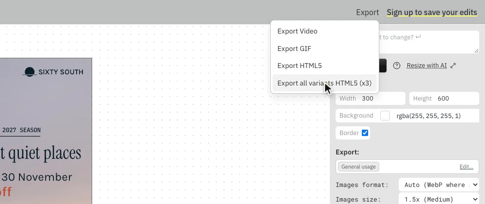 Export menu with Export all variants HTML5 (x3)