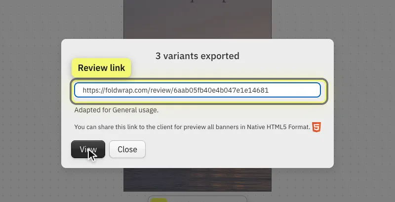 3 variants exported dialog with the review link
