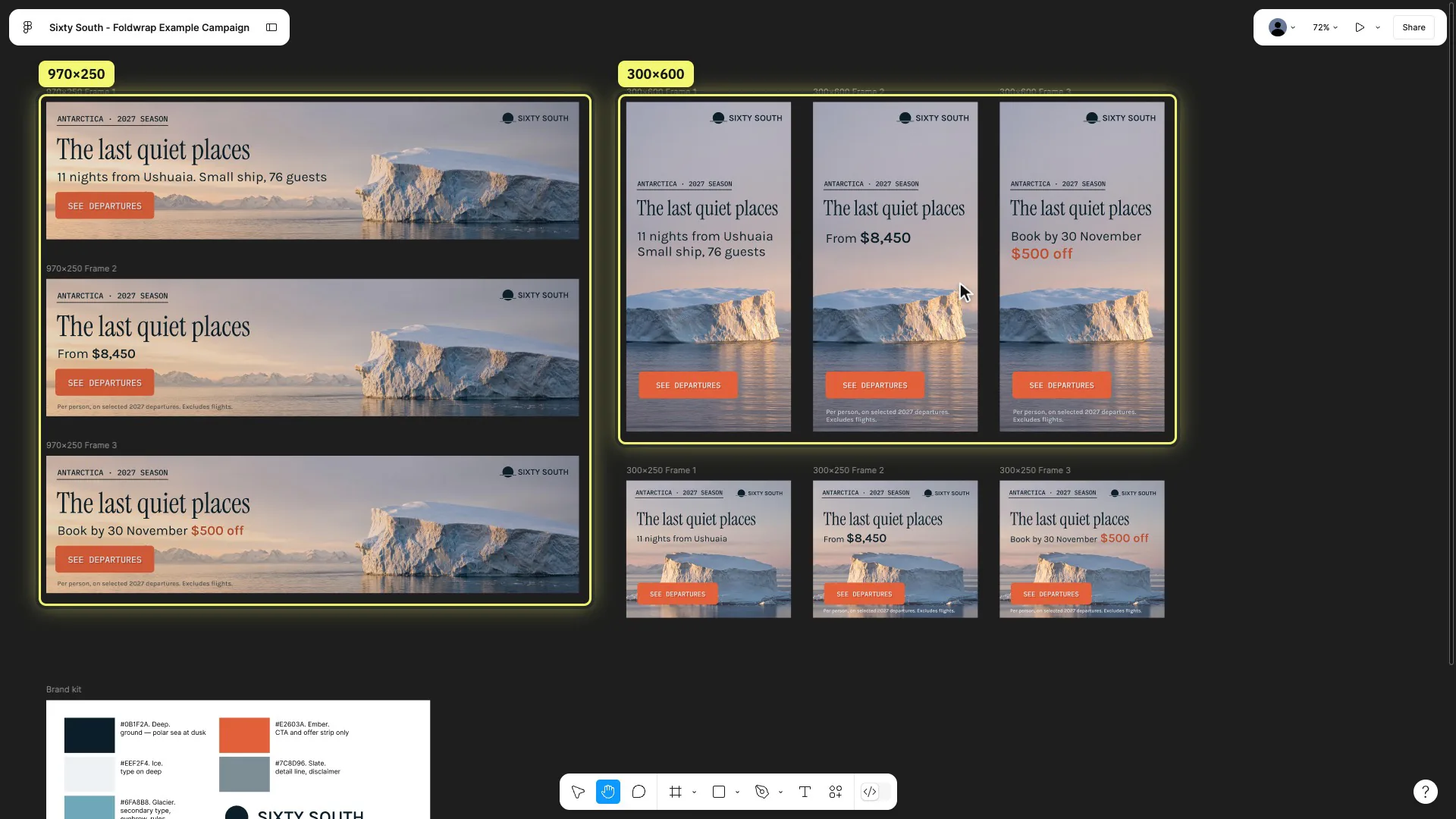 Figma canvas with the Sixty South campaign, the 970x250 frames highlighted