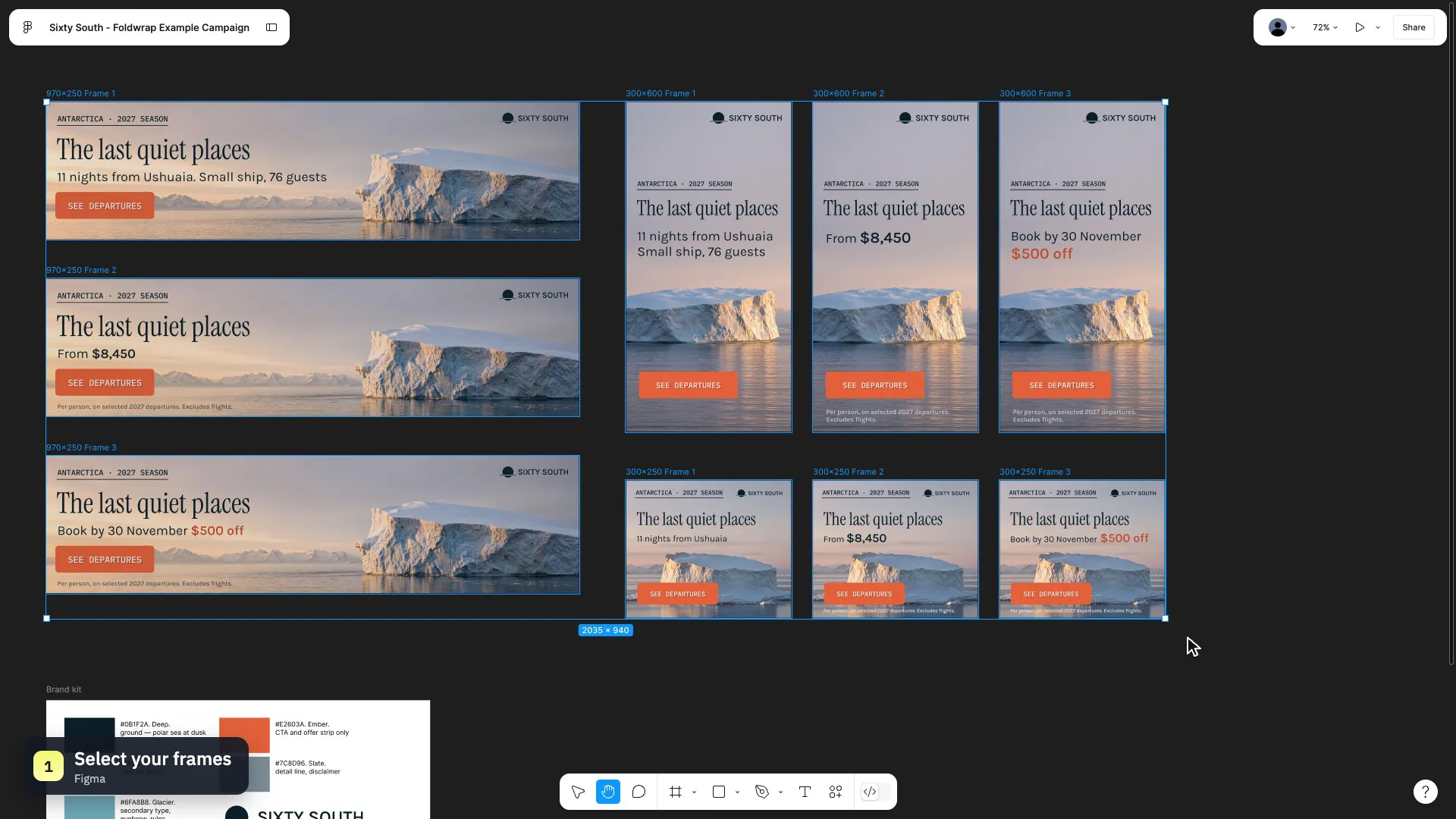 All nine banner frames selected on the Figma canvas