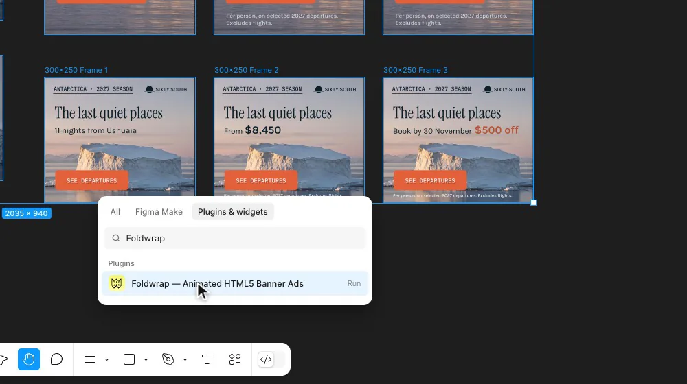 Figma Actions menu with Foldwrap — Animated HTML5 Banner Ads in the plugin search results