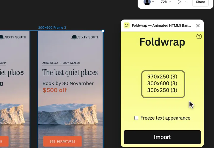 Foldwrap plugin window listing 970x250, 300x600 and 300x250, three frames each