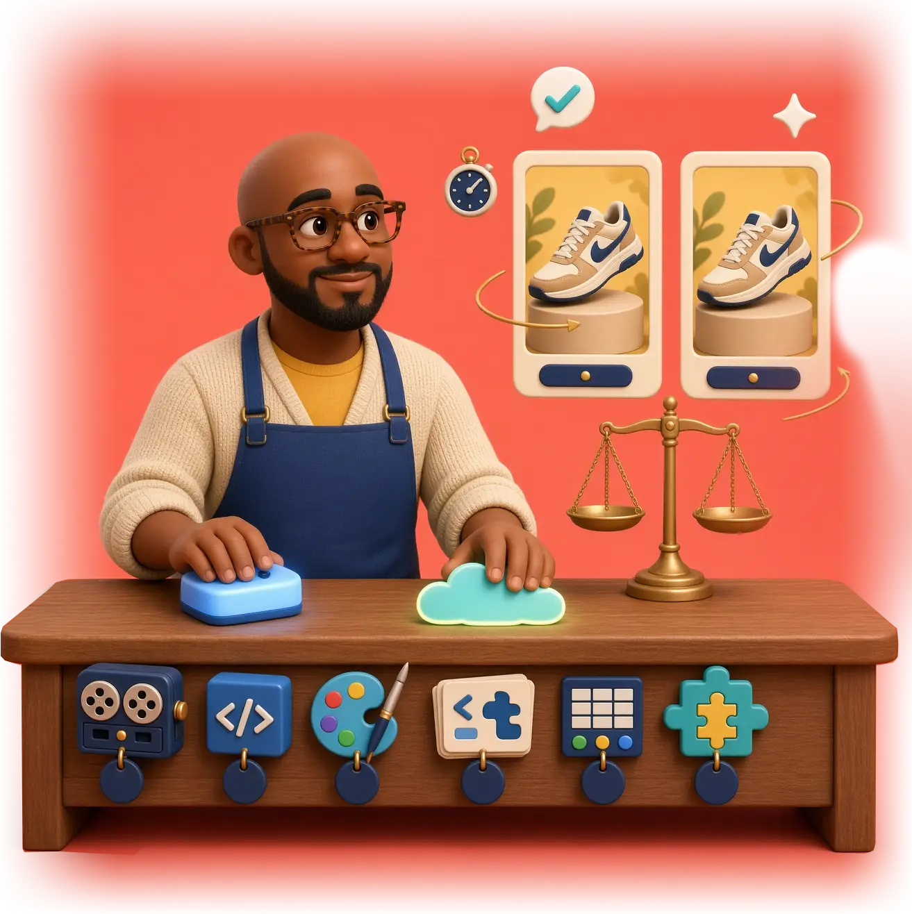 Designer comparing animation and design tools with a magnifying glass