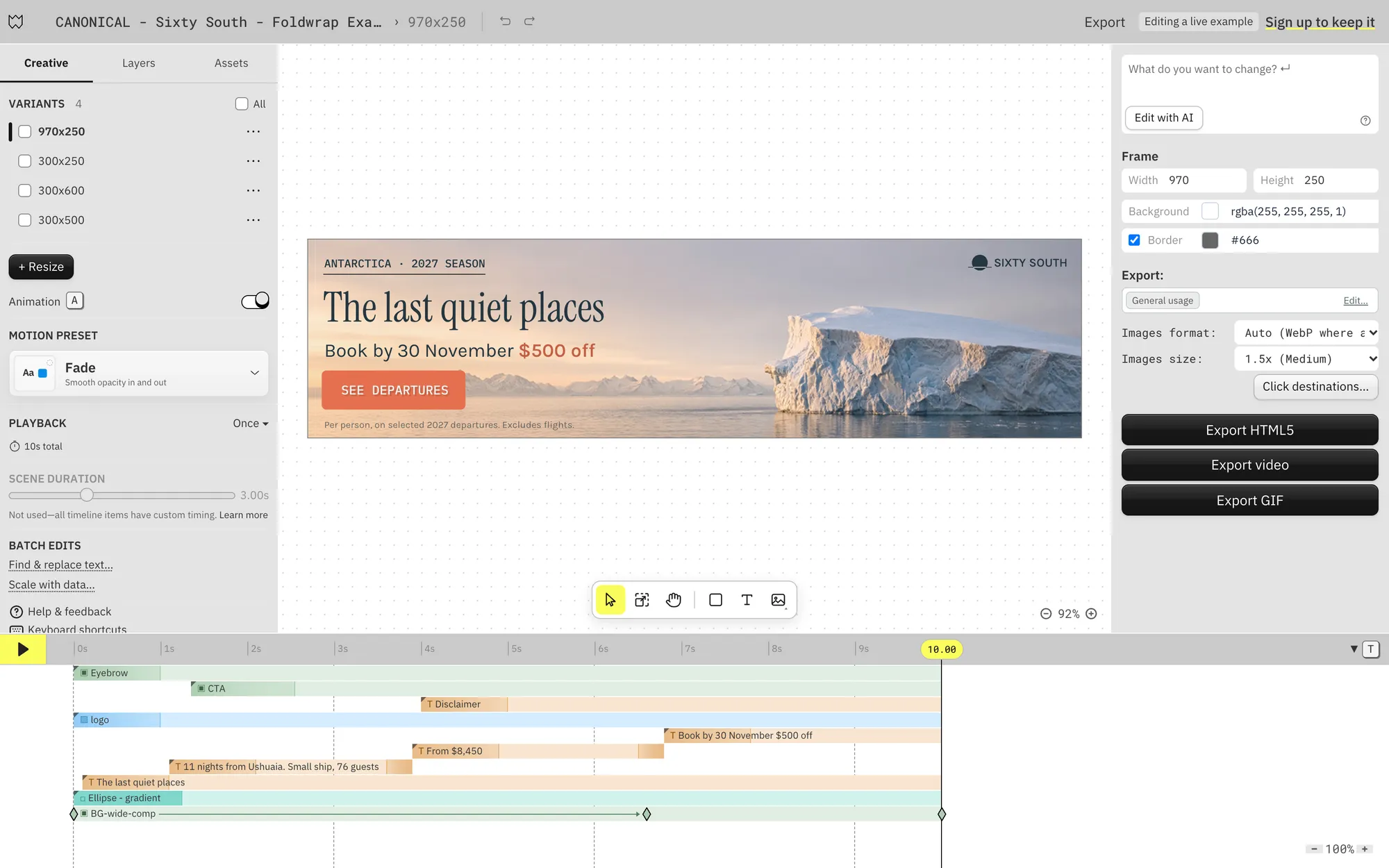 The Sixty South 970 by 250 banner in the Foldwrap editor, with the size variants listed on the left and the layer timeline below showing staggered text entrances and a background drift keyframe