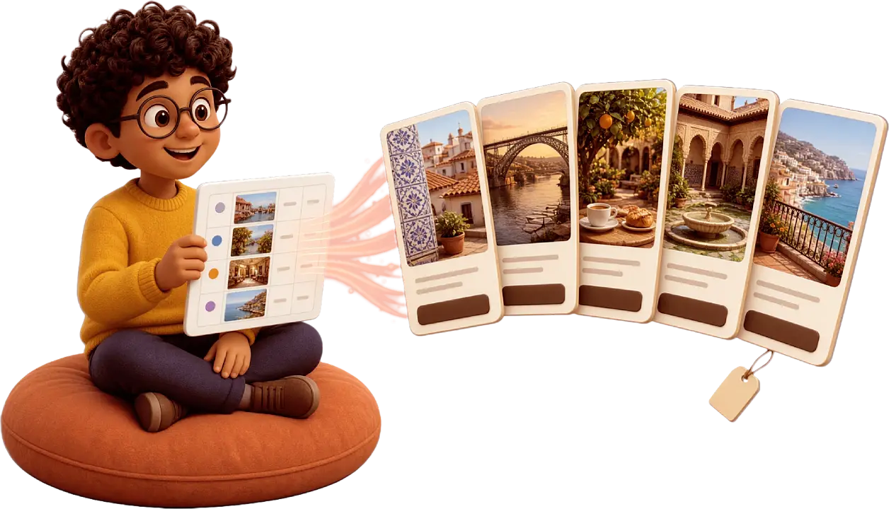 A marketer holding a spreadsheet whose rows turn into five hotel banners, each with its own city photo