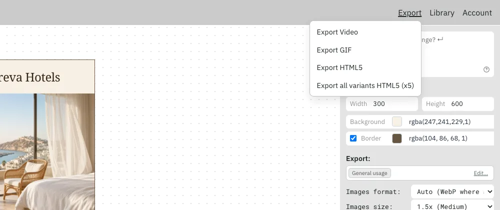 Export menu with Export all variants HTML5 (x5)