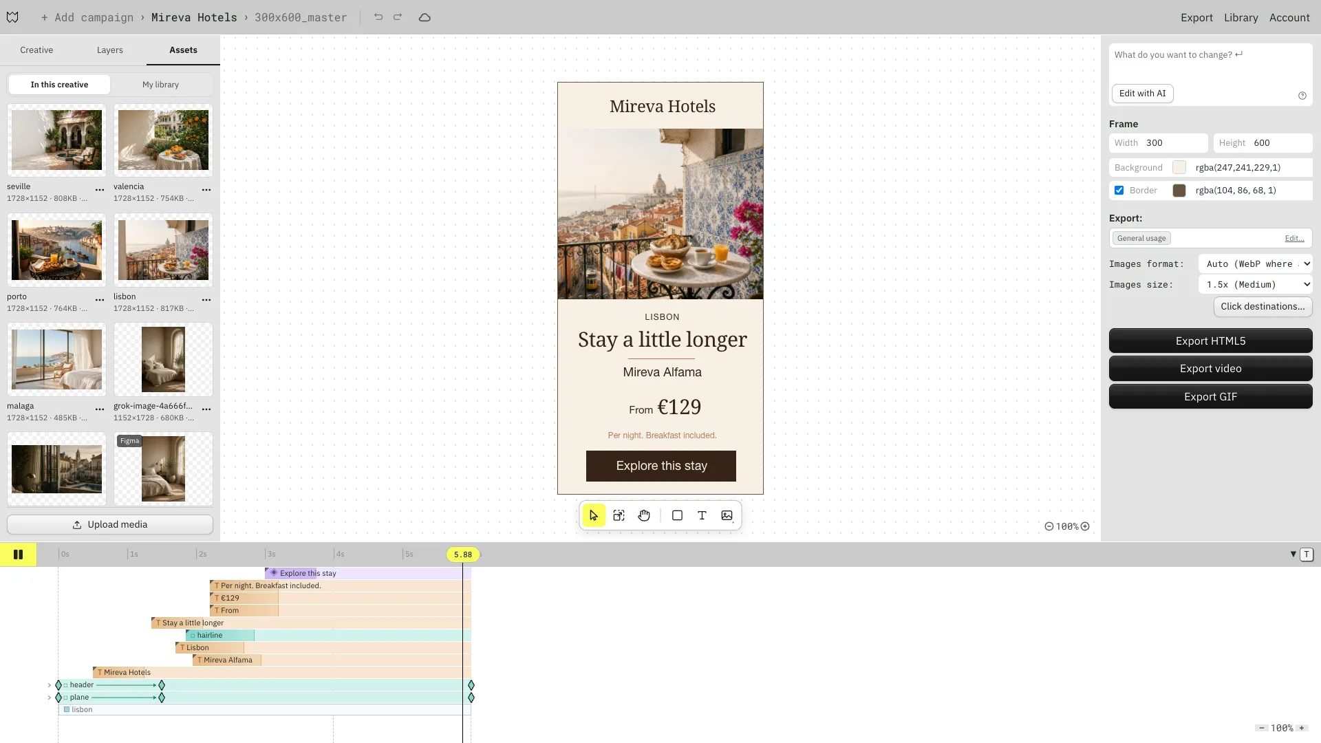 Mireva Hotels 300x600 master banner in the Foldwrap editor, with the city photos in the Assets tab