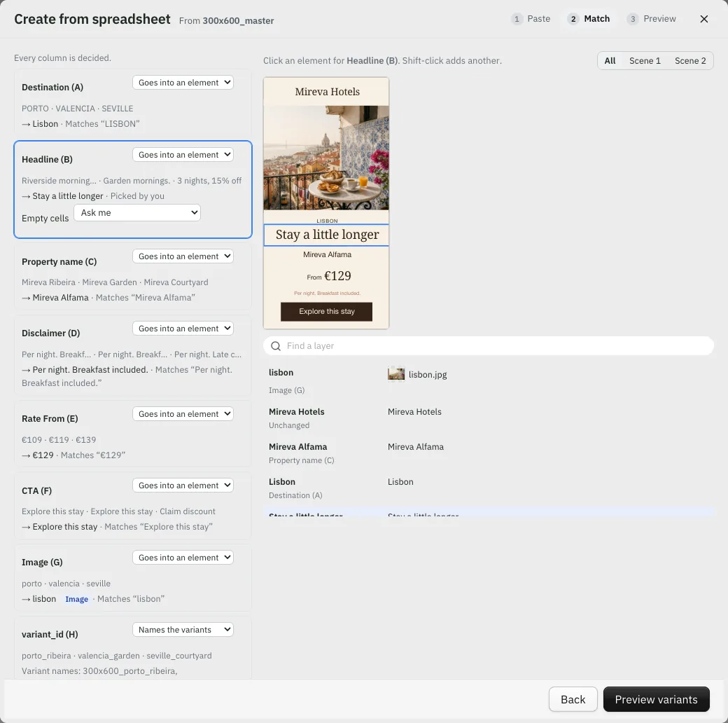 Match step: each column matched to a banner element, the Headline column picked by hand and highlighted on the banner preview