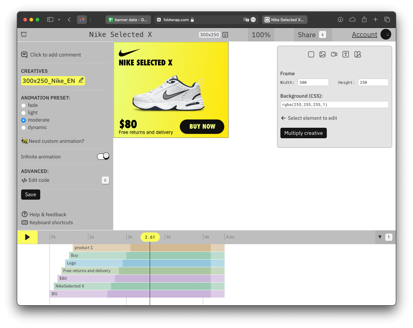 Foldwrap editor with one creative opened