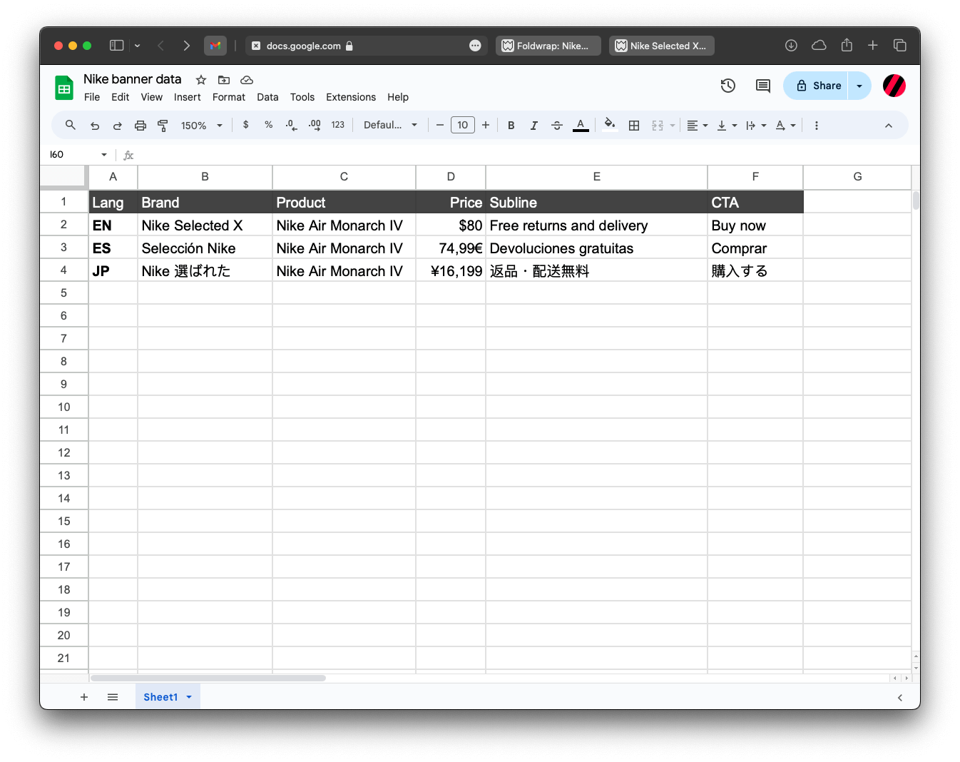 Google Sheets spreadsheet with data prepared to multiply creatives