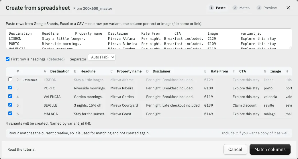 Create from spreadsheet dialog, Paste step: the hotel table with headings detected, the Lisbon row marked as reference and four rows selected