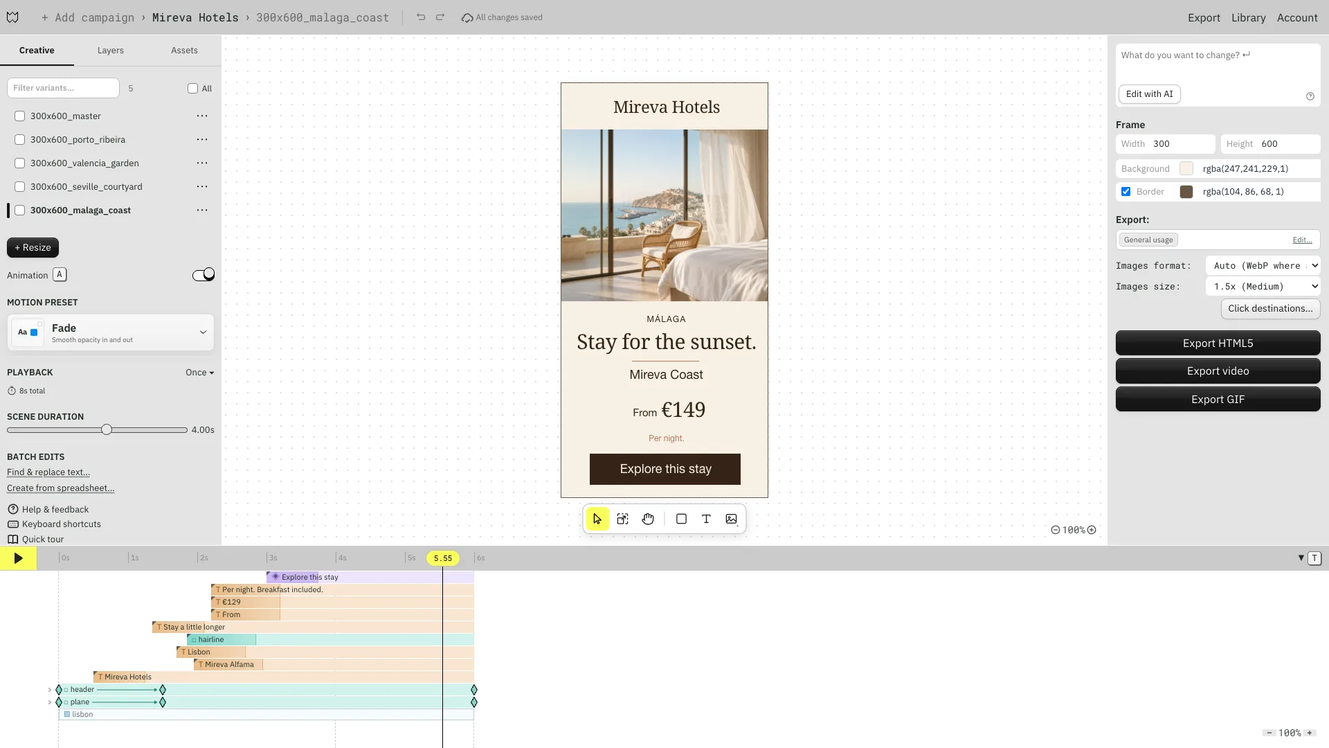 Foldwrap editor with the master and four new city variants; the Malaga variant open with its own photo, headline and price